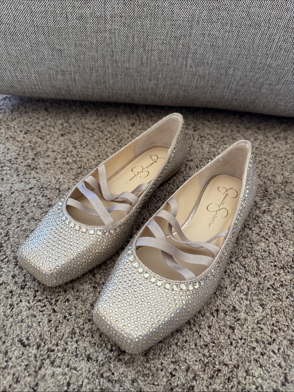 Jessica Simpson Crystal-Embellished Gold Ballet Flats with Cross Straps